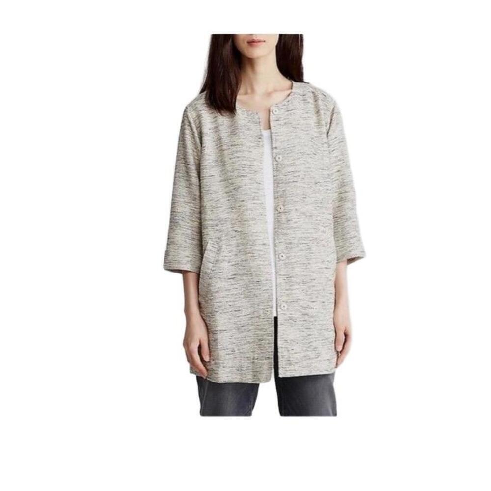Eileen Fisher Heathered Grey Cotton 3/4 Sleeve Pockets No Collar Jacket Medium